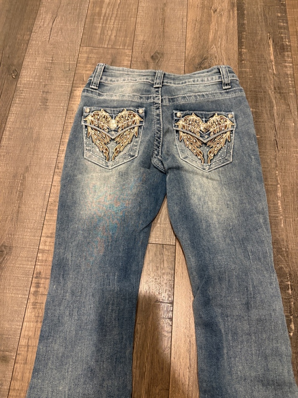 Women's Light Blue Boot Cut Jeans with Gold Embroidered Pockets